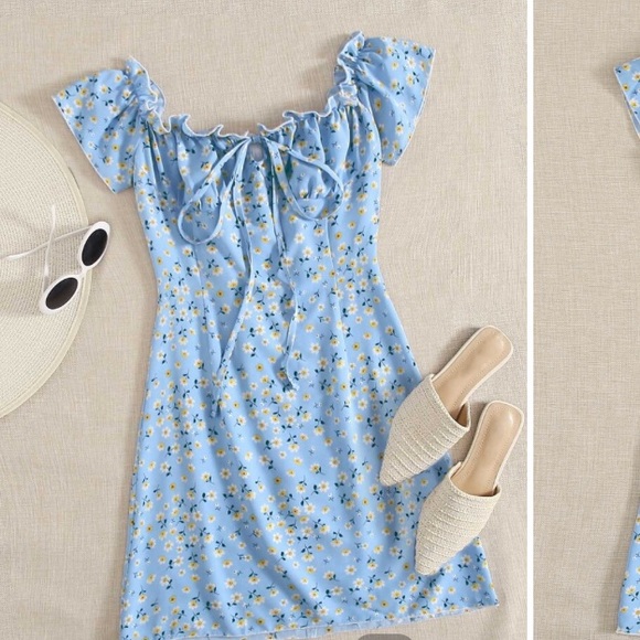 SHEIN Dresses & Skirts - Shein frill trim blue ditsy floral dress
